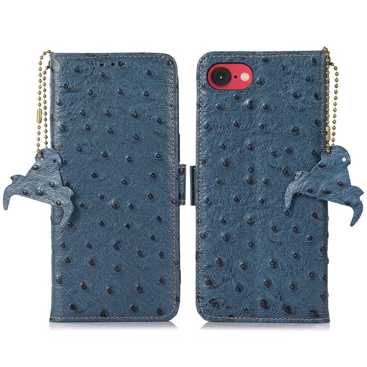 For iPhone 16e Case RFID Blocking Genuine Cow Leather Phone Case Ostrich Texture - Blue