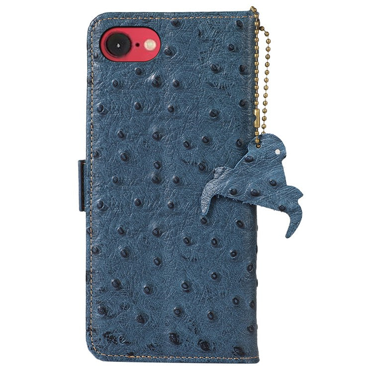 For iPhone 16e Case RFID Blocking Genuine Cow Leather Phone Case Ostrich Texture - Blue