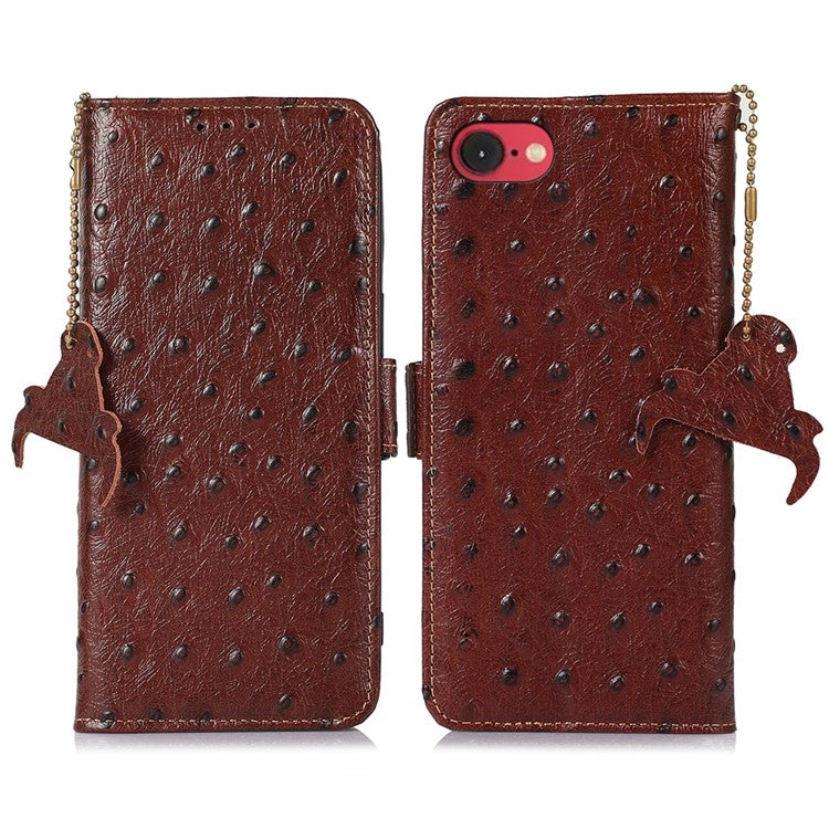 For iPhone 16e Case RFID Blocking Genuine Cow Leather Phone Case Ostrich Texture - Coffee