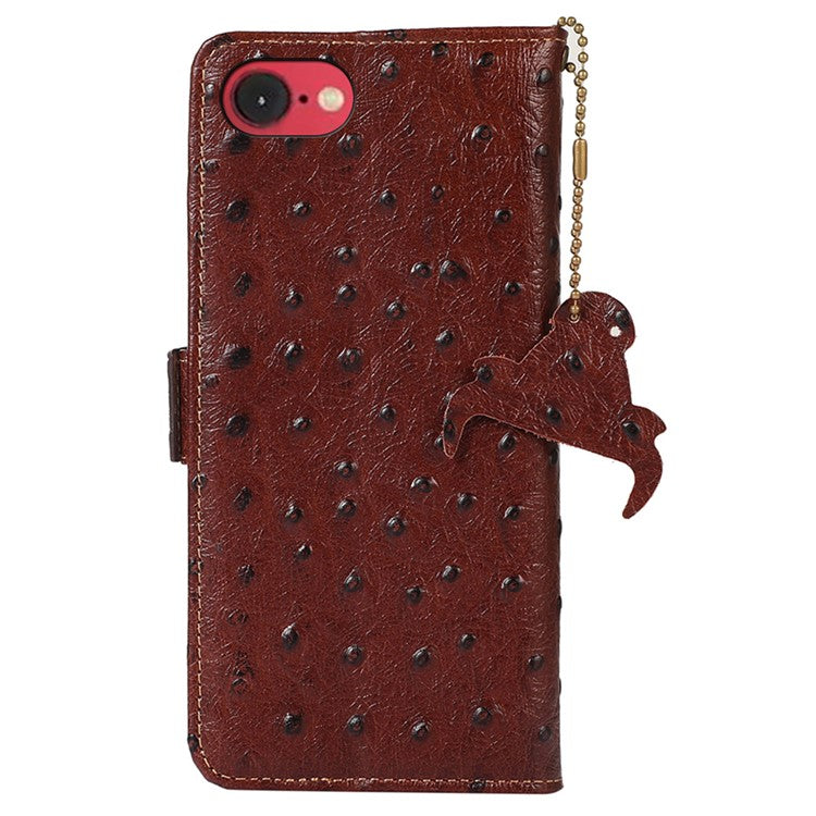 For iPhone 16e Case RFID Blocking Genuine Cow Leather Phone Case Ostrich Texture - Coffee