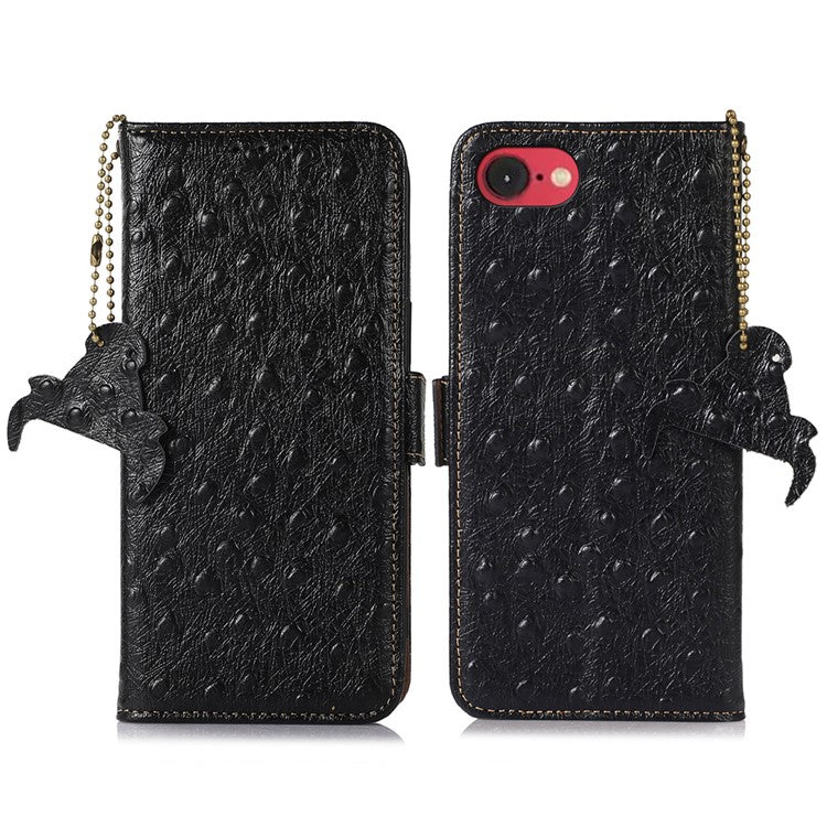 For iPhone 16e Case RFID Blocking Genuine Cow Leather Phone Case Ostrich Texture - Black