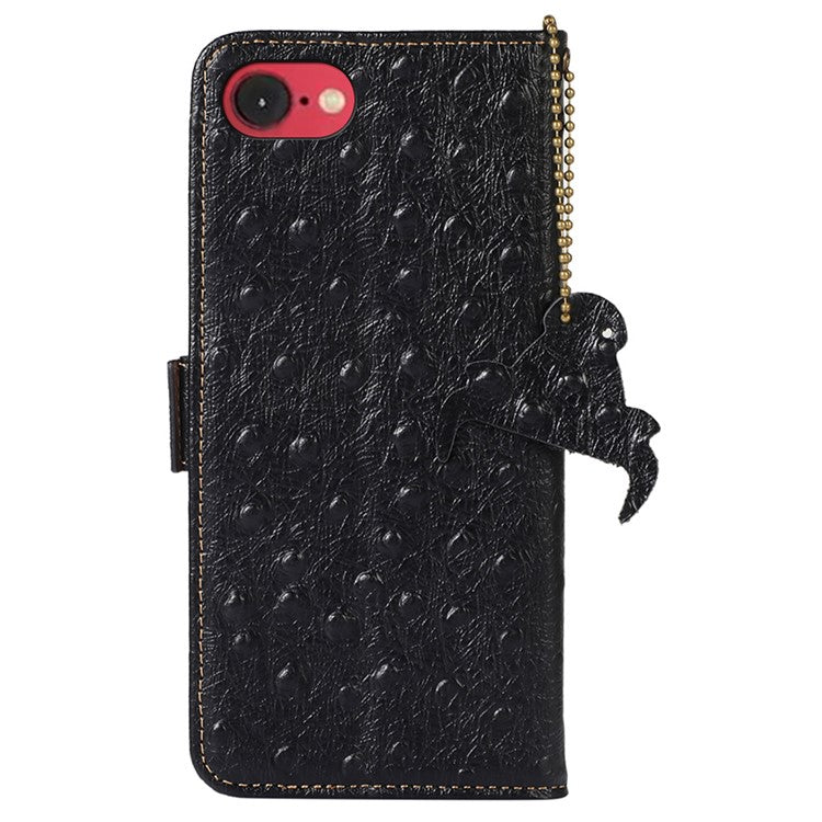 For iPhone 16e Case RFID Blocking Genuine Cow Leather Phone Case Ostrich Texture - Black