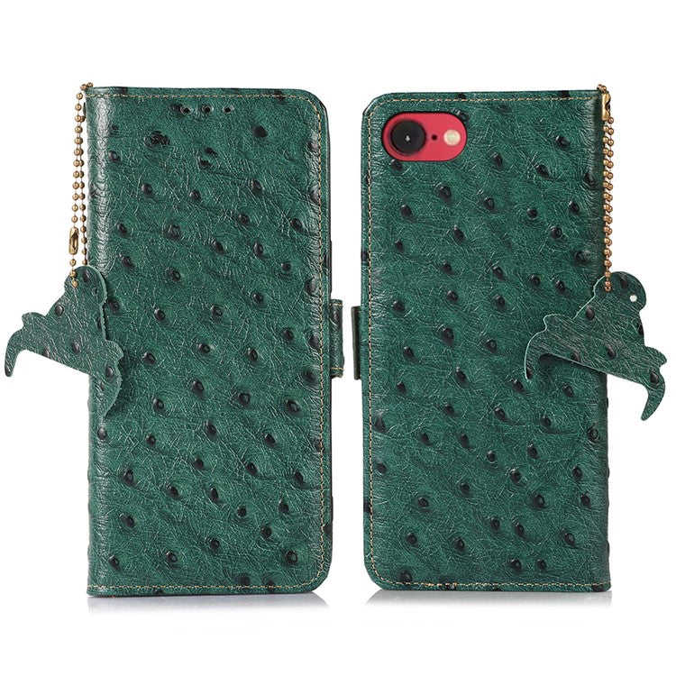 For iPhone 16e Case RFID Blocking Genuine Cow Leather Phone Case Ostrich Texture - Green