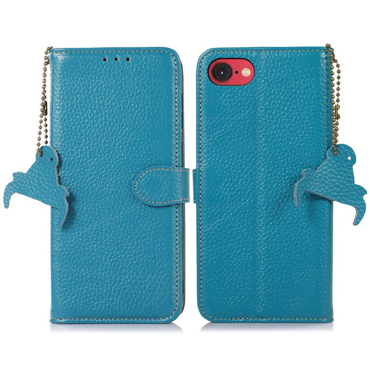 For iPhone 16e Case RFID Blocking Litchi Texture Genuine Cow Leather Phone Cover - Blue