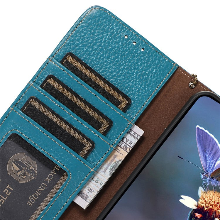 For iPhone 16e Case RFID Blocking Litchi Texture Genuine Cow Leather Phone Cover - Blue