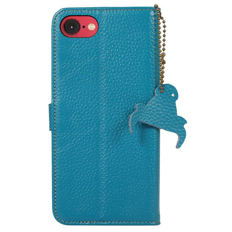 For iPhone 16e Case RFID Blocking Litchi Texture Genuine Cow Leather Phone Cover - Blue