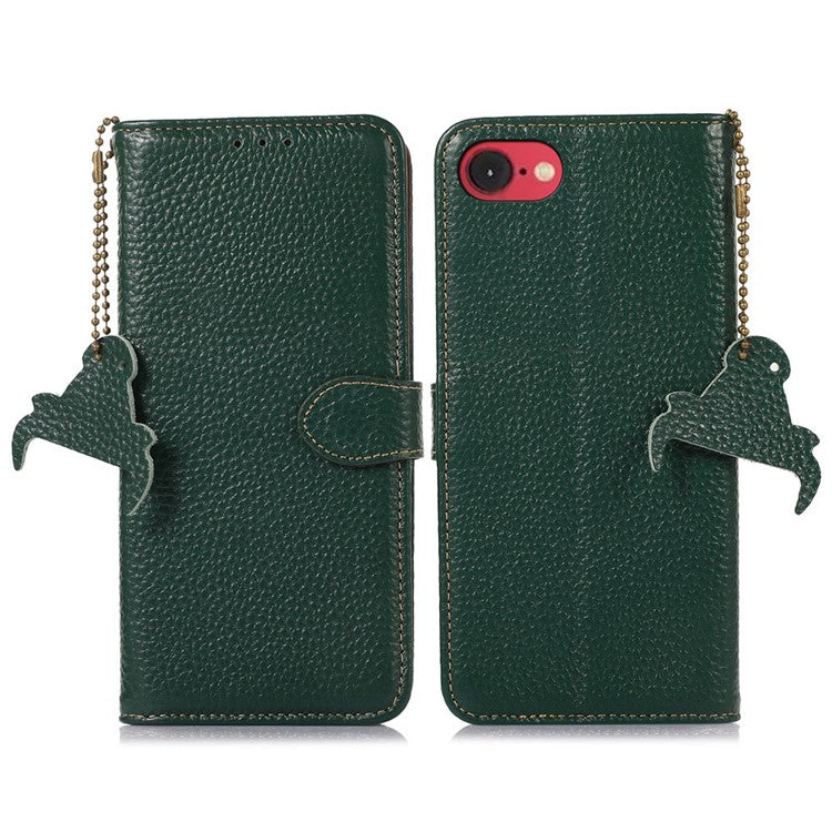 For iPhone 16e Case RFID Blocking Litchi Texture Genuine Cow Leather Phone Cover - Green