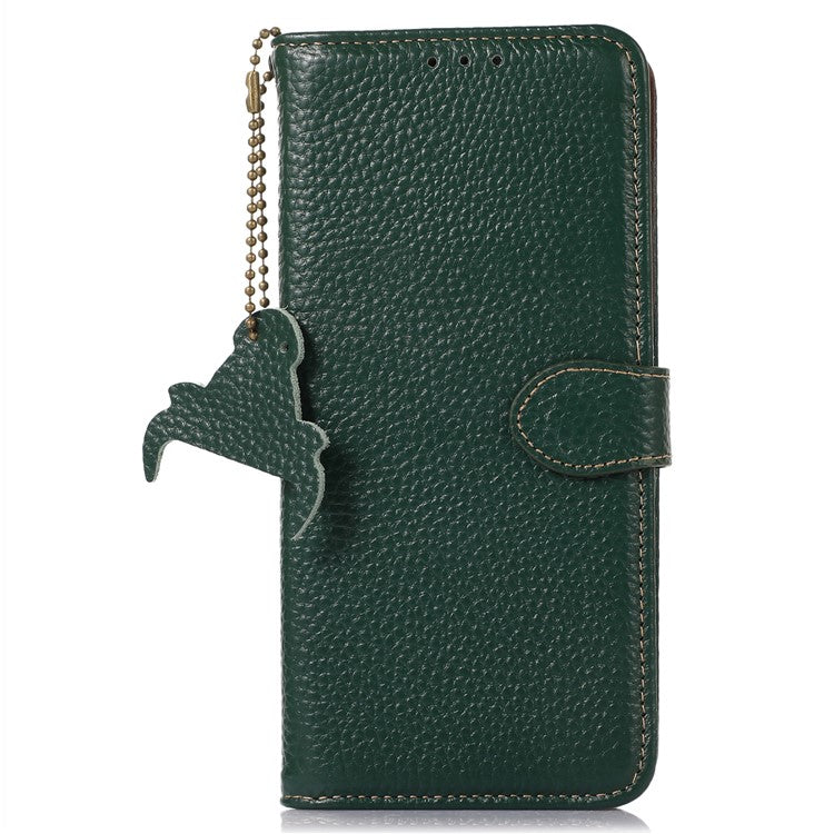 For iPhone 16e Case RFID Blocking Litchi Texture Genuine Cow Leather Phone Cover - Green