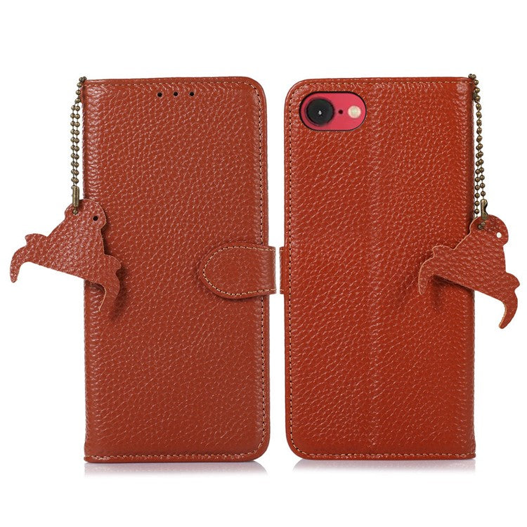 For iPhone 16e Case RFID Blocking Litchi Texture Genuine Cow Leather Phone Cover - Brown