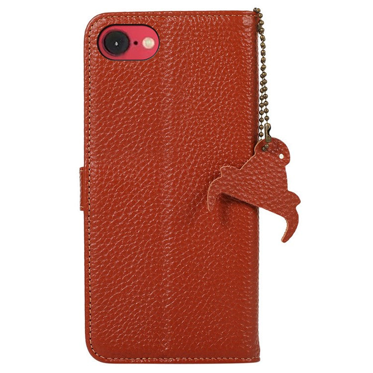 For iPhone 16e Case RFID Blocking Litchi Texture Genuine Cow Leather Phone Cover - Brown