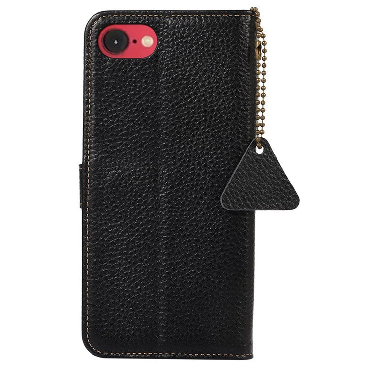 For iPhone 16e Case RFID Blocking Litchi Texture Genuine Cow Leather Phone Cover - Black