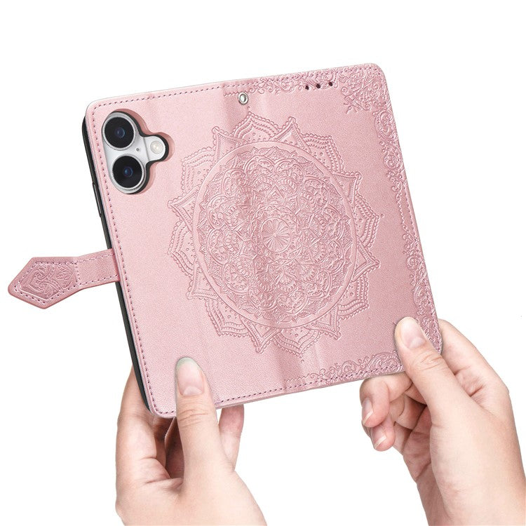 For iPhone 16 Plus Case Mandala Embossed Design Leather Wallet Phone Cover - Rose Gold