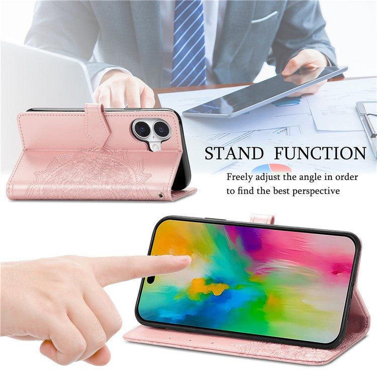 For iPhone 16 Plus Case Mandala Embossed Design Leather Wallet Phone Cover - Rose Gold