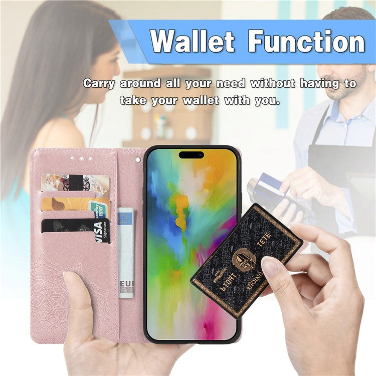 For iPhone 16 Plus Case Mandala Embossed Design Leather Wallet Phone Cover - Rose Gold