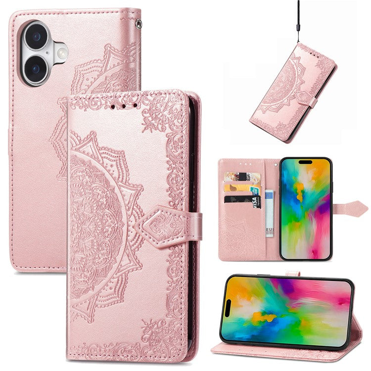 For iPhone 16 Plus Case Mandala Embossed Design Leather Wallet Phone Cover - Rose Gold