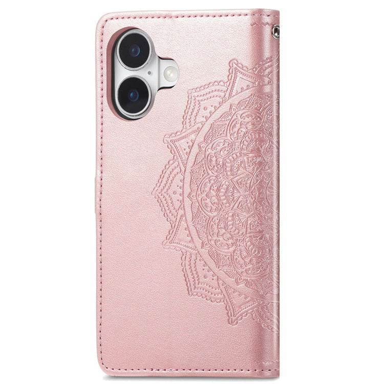 For iPhone 16 Plus Case Mandala Embossed Design Leather Wallet Phone Cover - Rose Gold