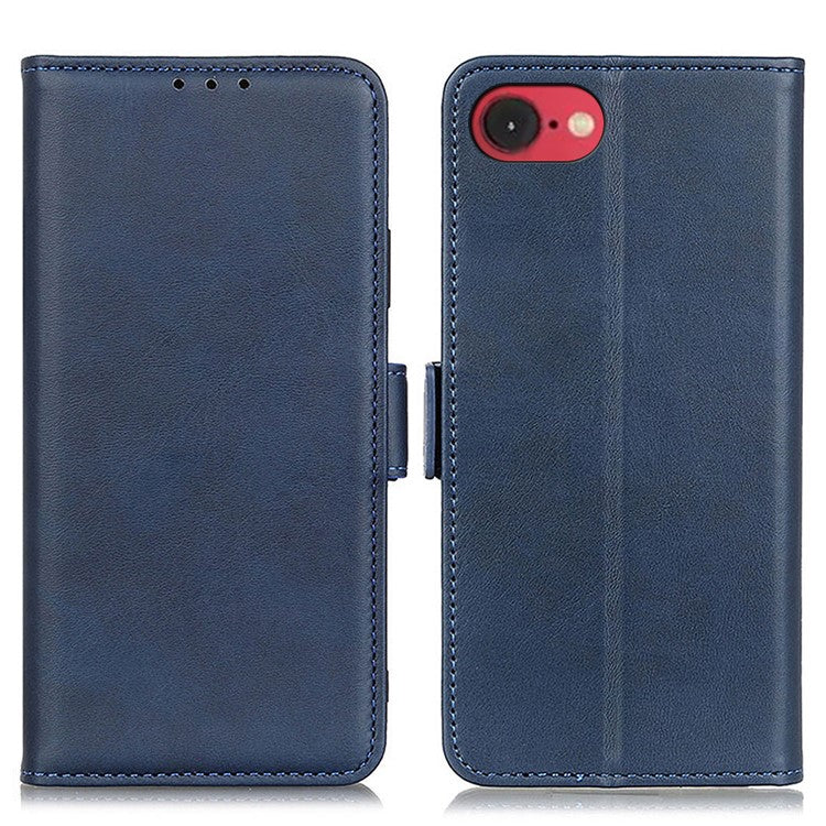 For iPhone 16e Case Stand Cowhide Texture PU Leather Phone Cover - Blue