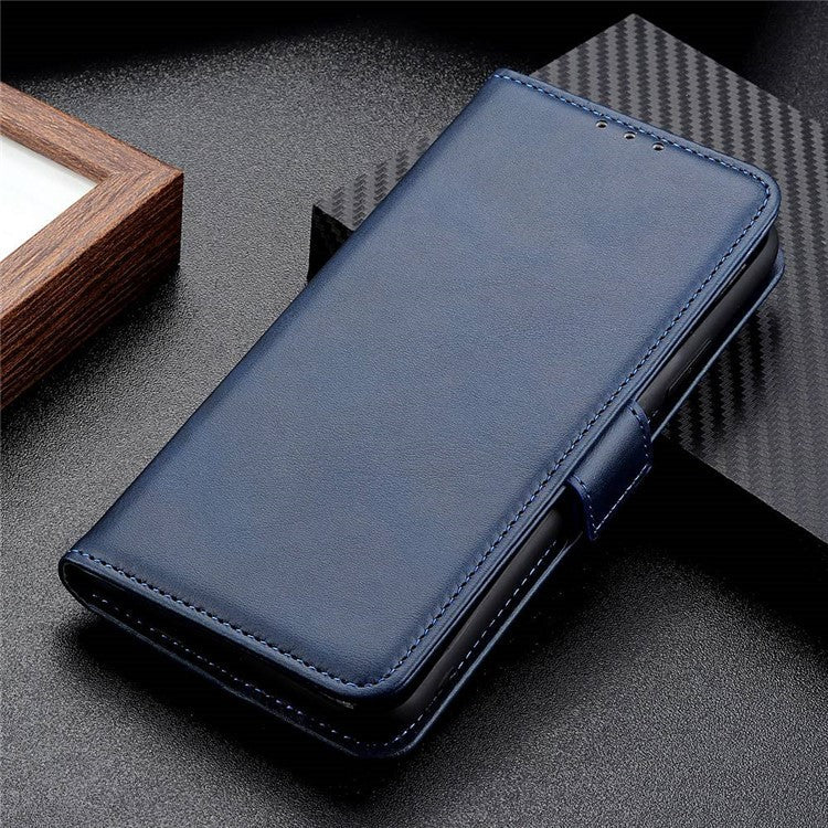For iPhone 16e Case Stand Cowhide Texture PU Leather Phone Cover - Blue