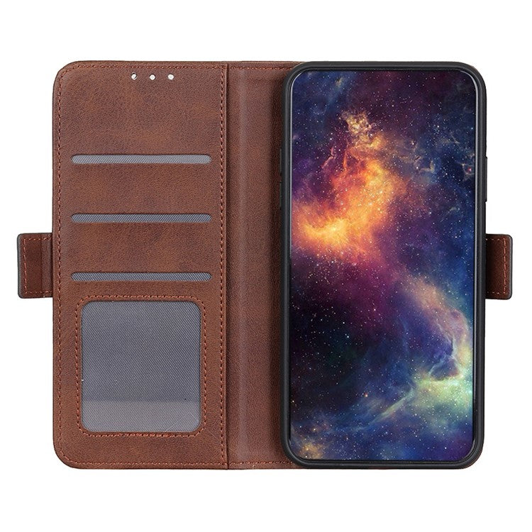 For iPhone 16e Case Stand Cowhide Texture PU Leather Phone Cover - Brown