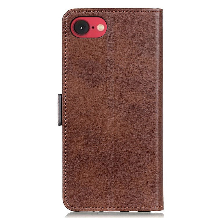 For iPhone 16e Case Stand Cowhide Texture PU Leather Phone Cover - Brown