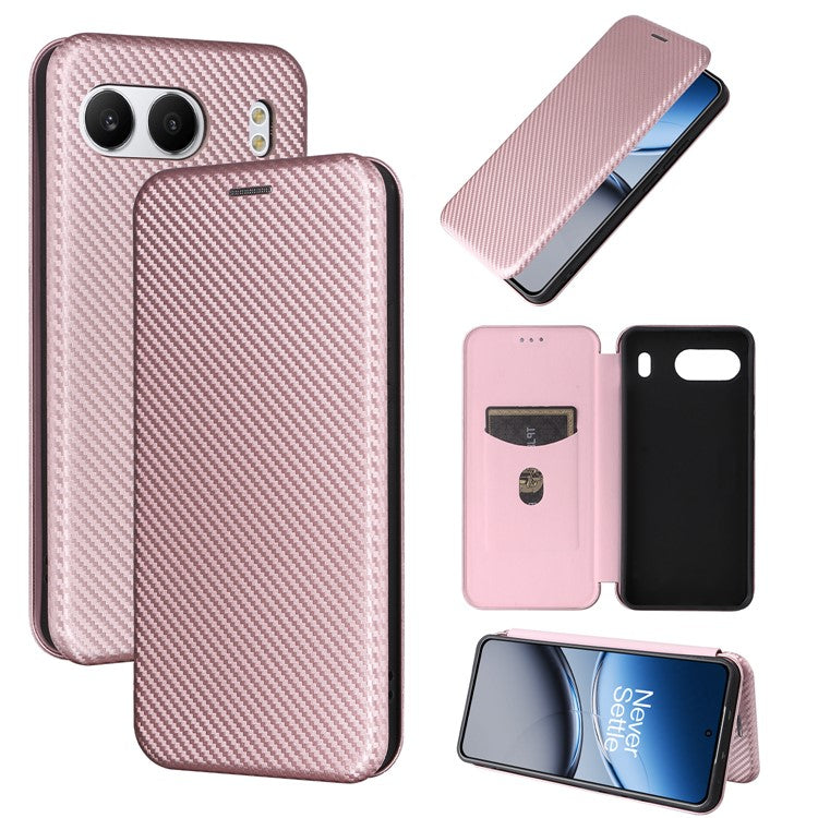 For OnePlus Nord 4 Case Carbon Fiber Texture Drop-Proof PU Leather Phone Cover - Rose Gold