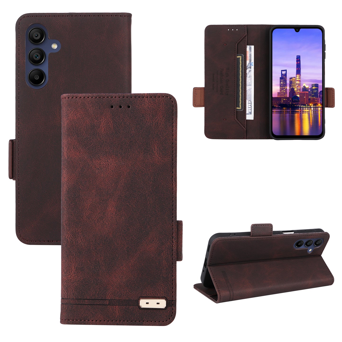 For Samsung Galaxy A16 5G / A16 4G Case Leather Wallet Flip Phone Cover with Hardware Decor - Coffee