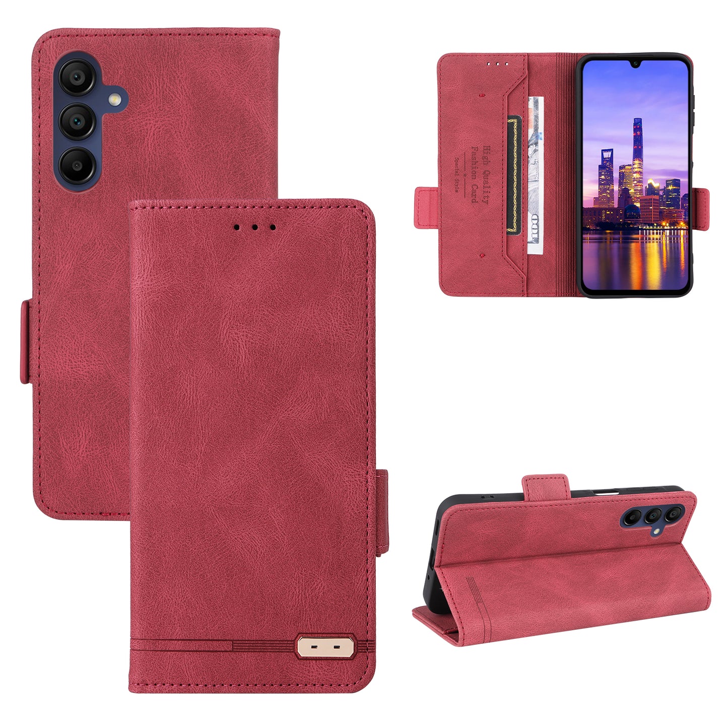 For Samsung Galaxy A16 5G / A16 4G Case Leather Wallet Flip Phone Cover with Hardware Decor - Rose