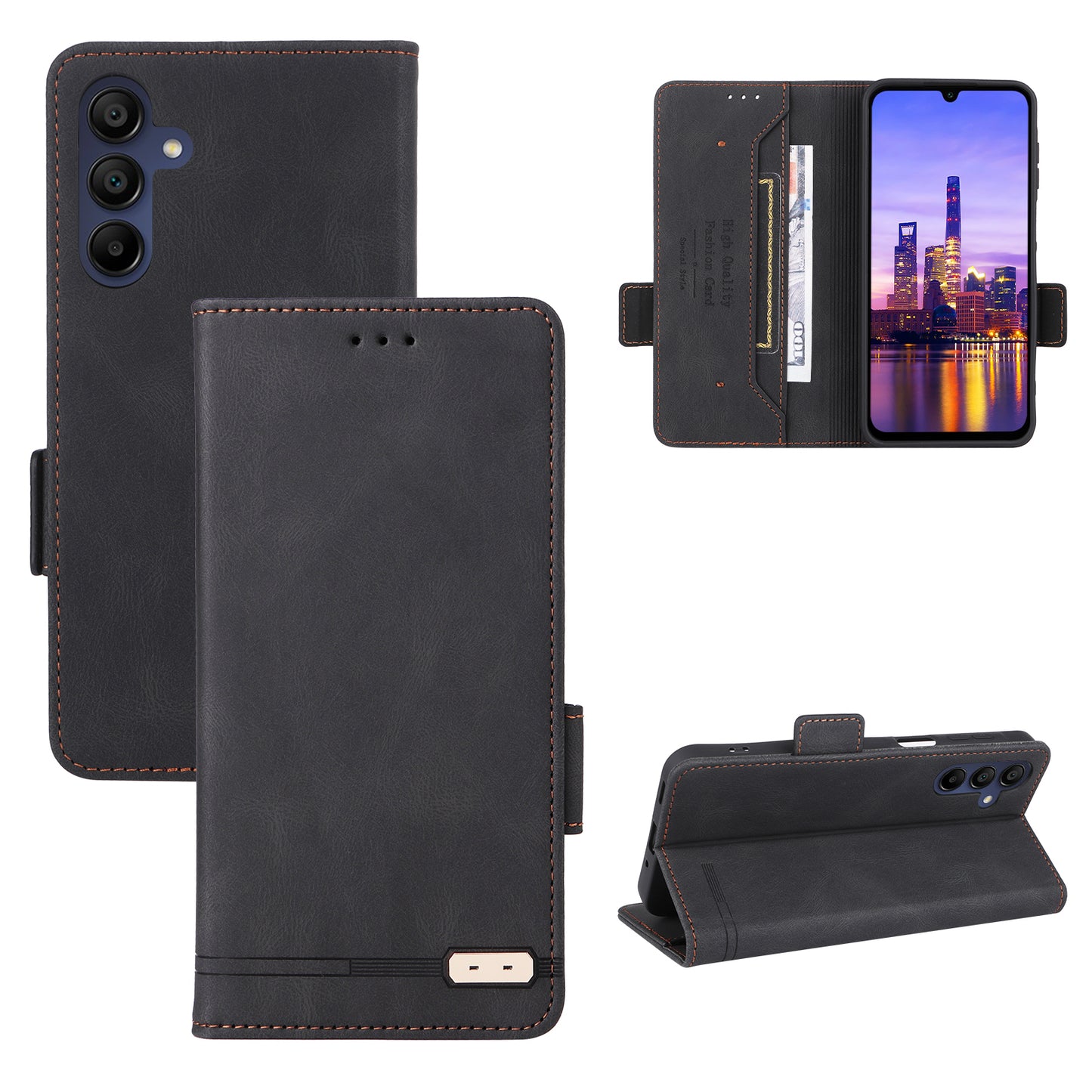 For Samsung Galaxy A16 5G / A16 4G Case Leather Wallet Flip Phone Cover with Hardware Decor - Black
