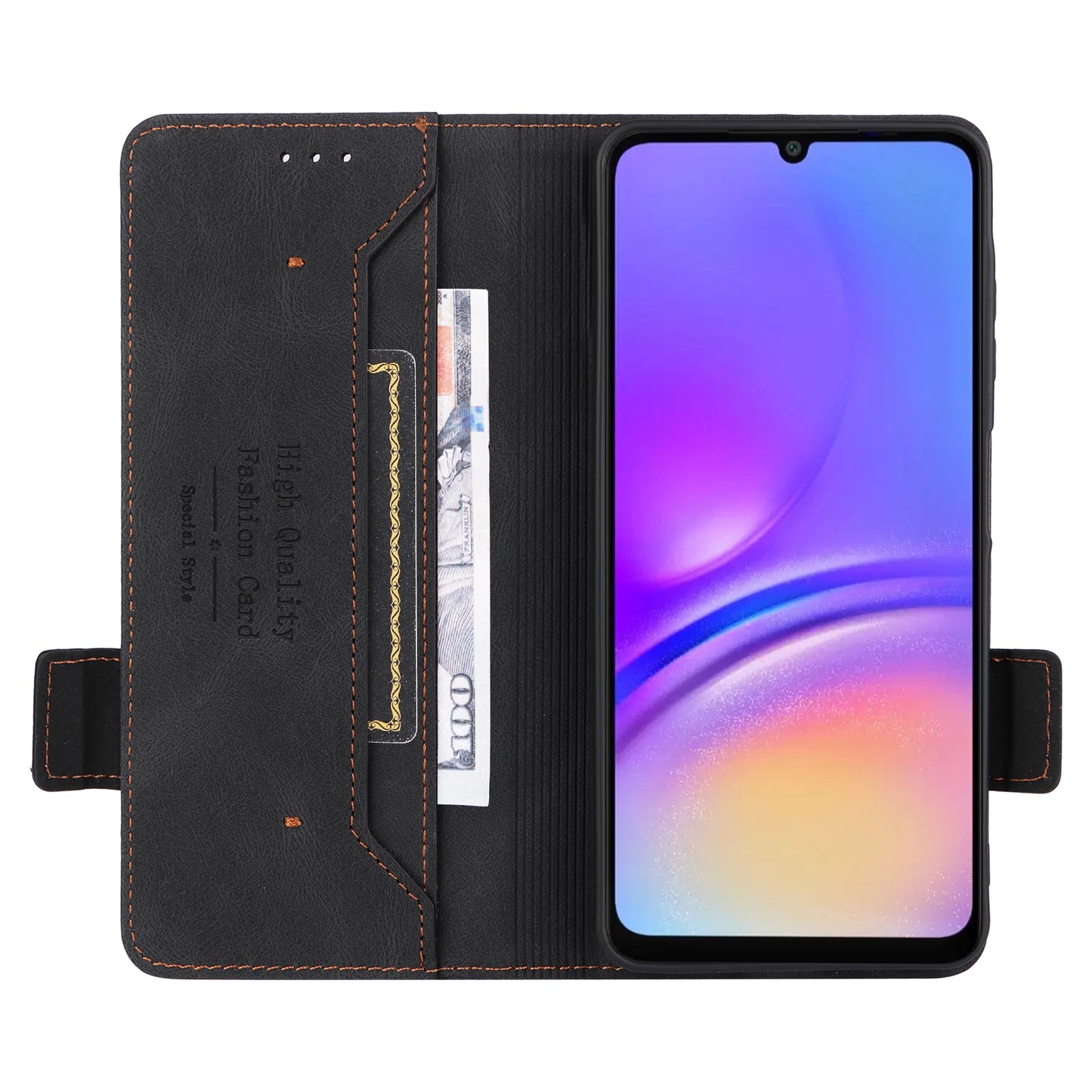 For Samsung Galaxy A06 Case Leather Wallet Flip Phone Cover with Hardware Decor - Black