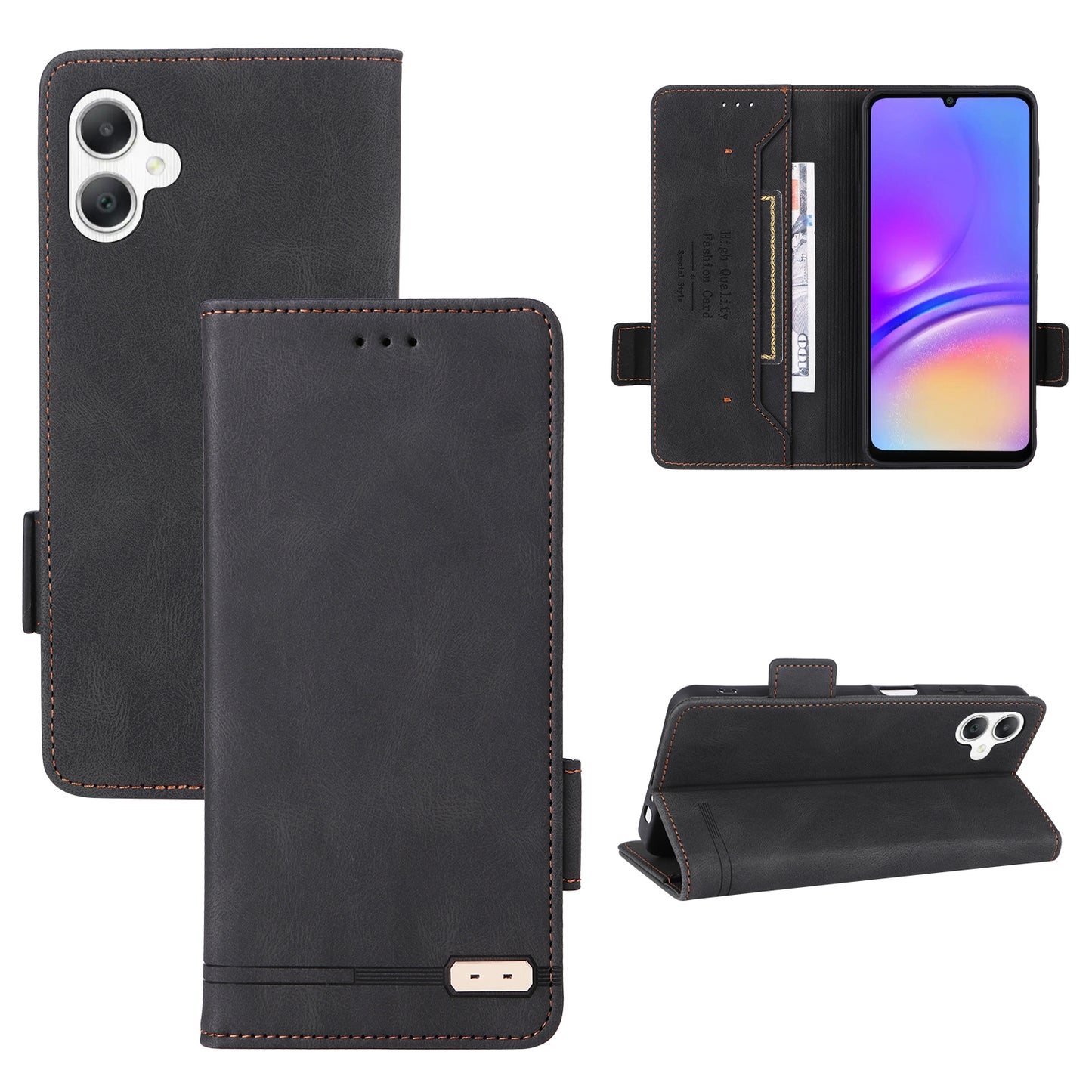 For Samsung Galaxy A06 Case Leather Wallet Flip Phone Cover with Hardware Decor - Black