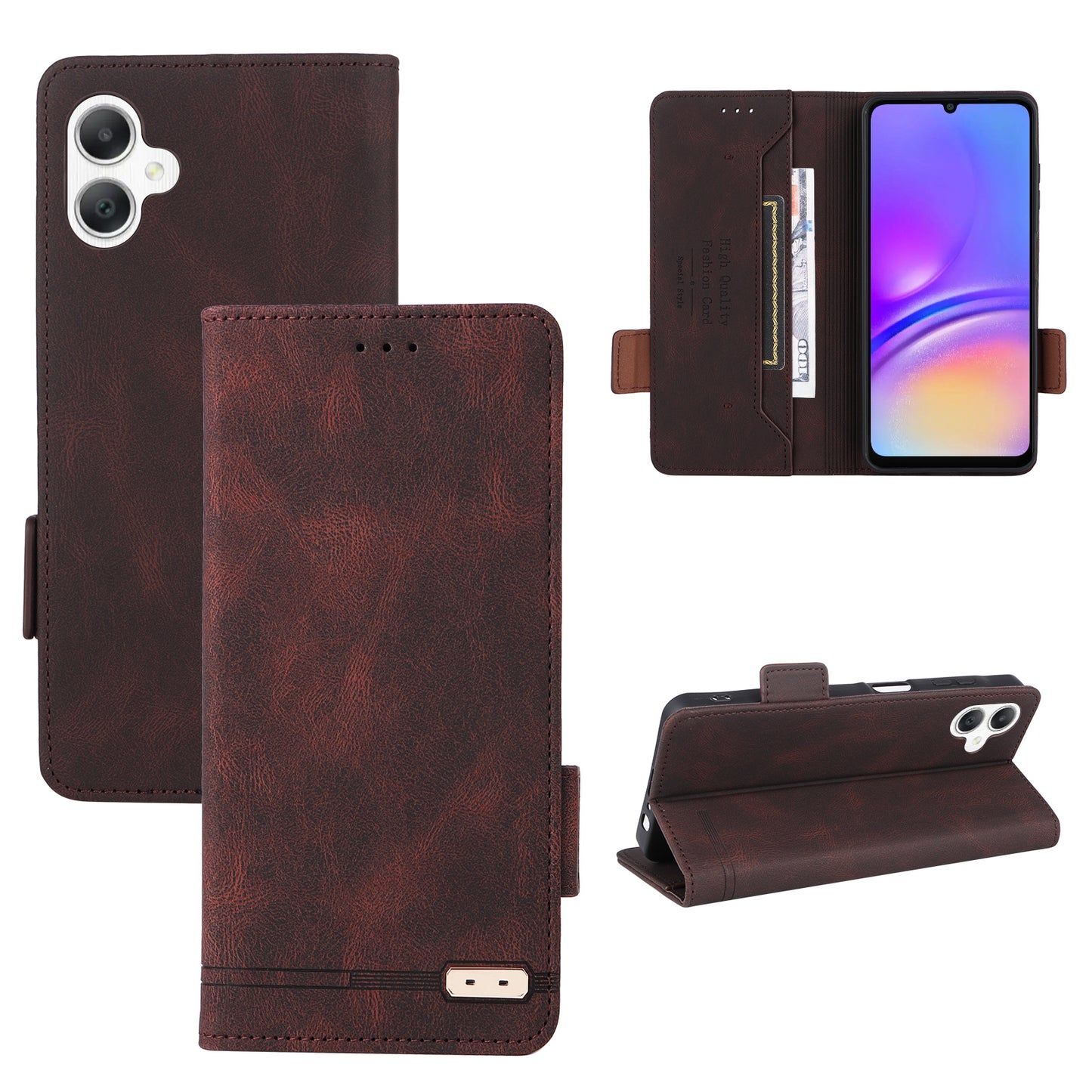 For Samsung Galaxy A06 Case Leather Wallet Flip Phone Cover with Hardware Decor - Coffee