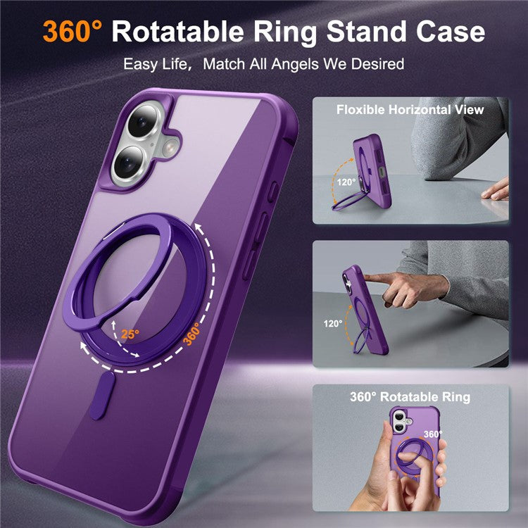 For iPhone 16 Plus Case Compatible with MagSafe Rotatable Ring Kickstand TPU+PC Phone Cover - Purple