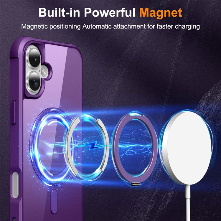 For iPhone 16 Plus Case Compatible with MagSafe Rotatable Ring Kickstand TPU+PC Phone Cover - Purple