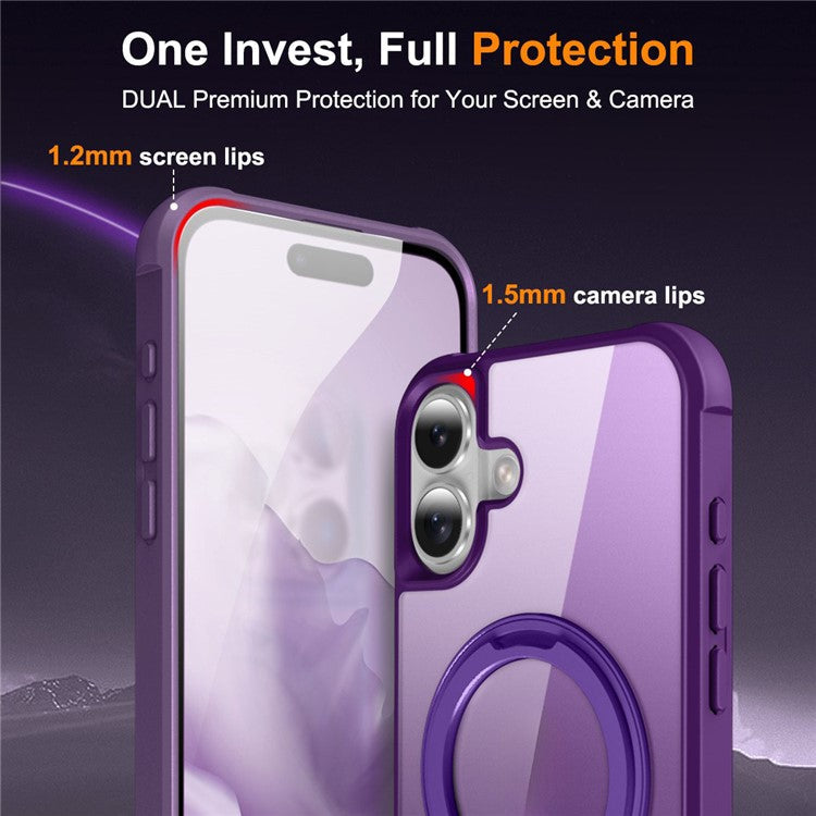 For iPhone 16 Plus Case Compatible with MagSafe Rotatable Ring Kickstand TPU+PC Phone Cover - Purple