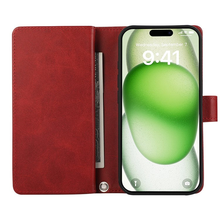 For iPhone 16 Plus Case Split Leather Magnetic Wallet Phone Protector with Wrist Strap - Red