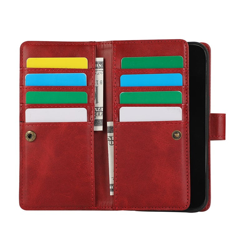 For iPhone 16 Plus Case Split Leather Magnetic Wallet Phone Protector with Wrist Strap - Red