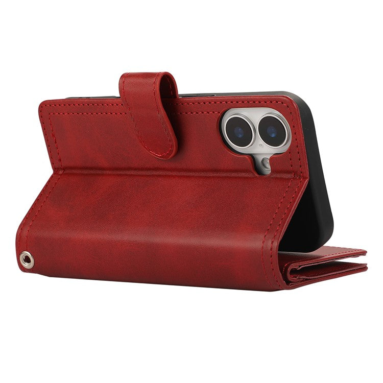 For iPhone 16 Plus Case Split Leather Magnetic Wallet Phone Protector with Wrist Strap - Red