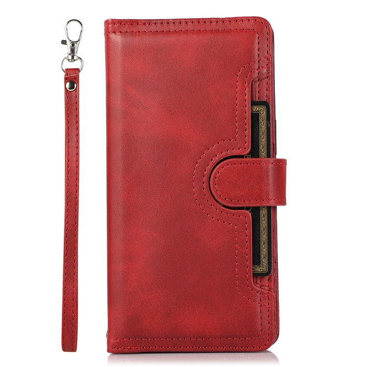 For iPhone 16 Plus Case Split Leather Magnetic Wallet Phone Protector with Wrist Strap - Red