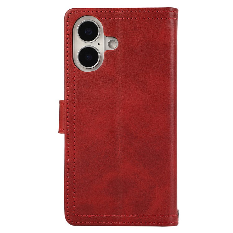 For iPhone 16 Plus Case Split Leather Magnetic Wallet Phone Protector with Wrist Strap - Red