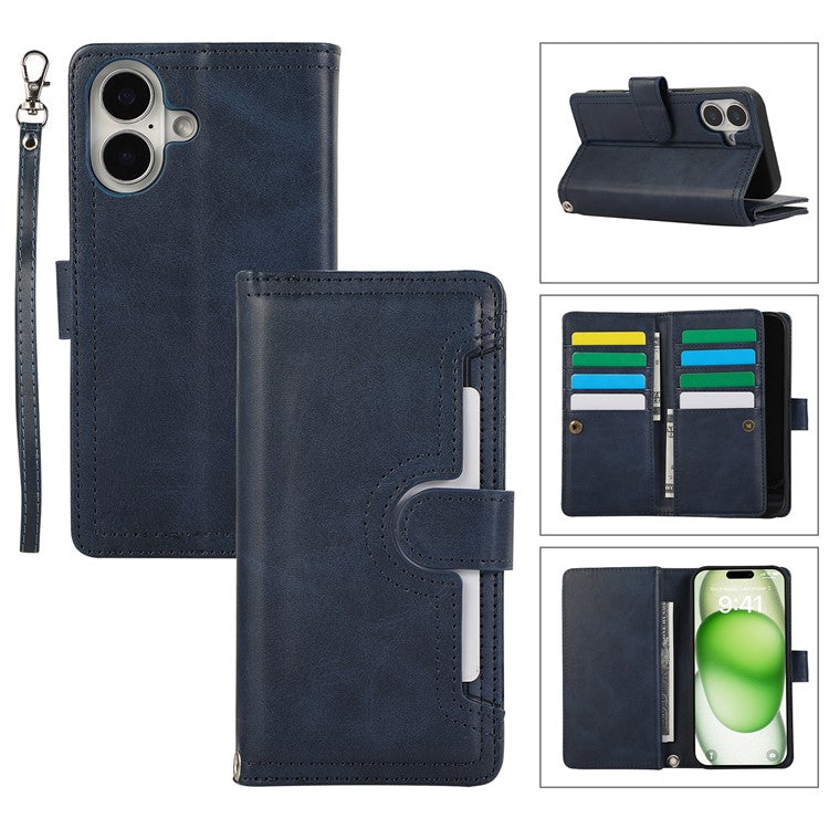 For iPhone 16 Plus Case Split Leather Magnetic Wallet Phone Protector with Wrist Strap - Blue