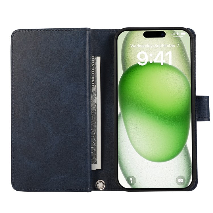 For iPhone 16 Plus Case Split Leather Magnetic Wallet Phone Protector with Wrist Strap - Blue