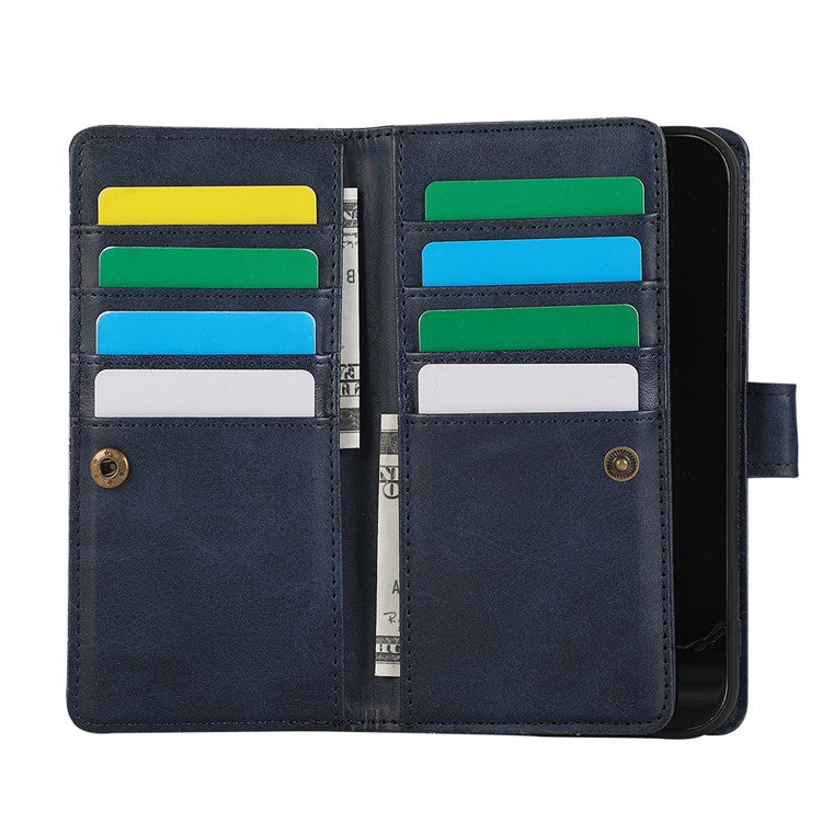 For iPhone 16 Plus Case Split Leather Magnetic Wallet Phone Protector with Wrist Strap - Blue