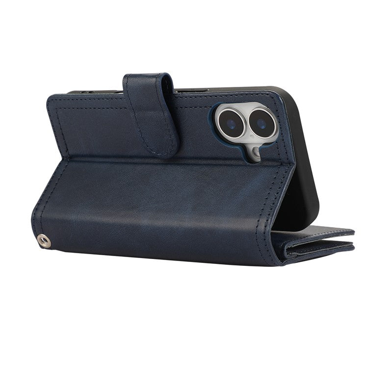 For iPhone 16 Plus Case Split Leather Magnetic Wallet Phone Protector with Wrist Strap - Blue