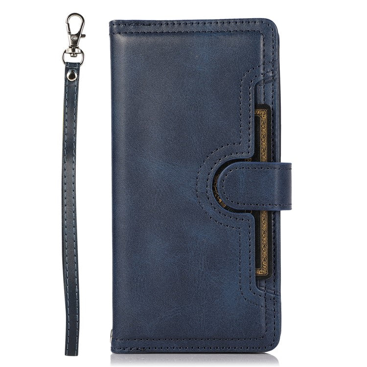 For iPhone 16 Plus Case Split Leather Magnetic Wallet Phone Protector with Wrist Strap - Blue