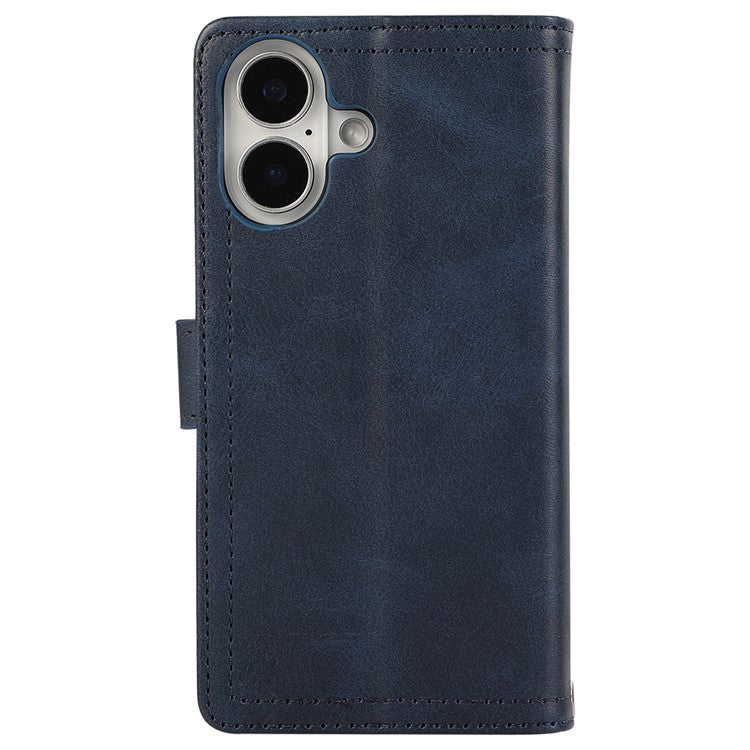 For iPhone 16 Plus Case Split Leather Magnetic Wallet Phone Protector with Wrist Strap - Blue
