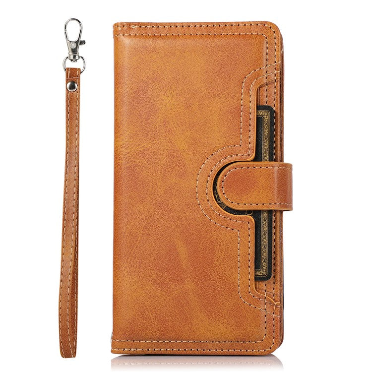 For iPhone 16 Plus Case Split Leather Magnetic Wallet Phone Protector with Wrist Strap - Brown