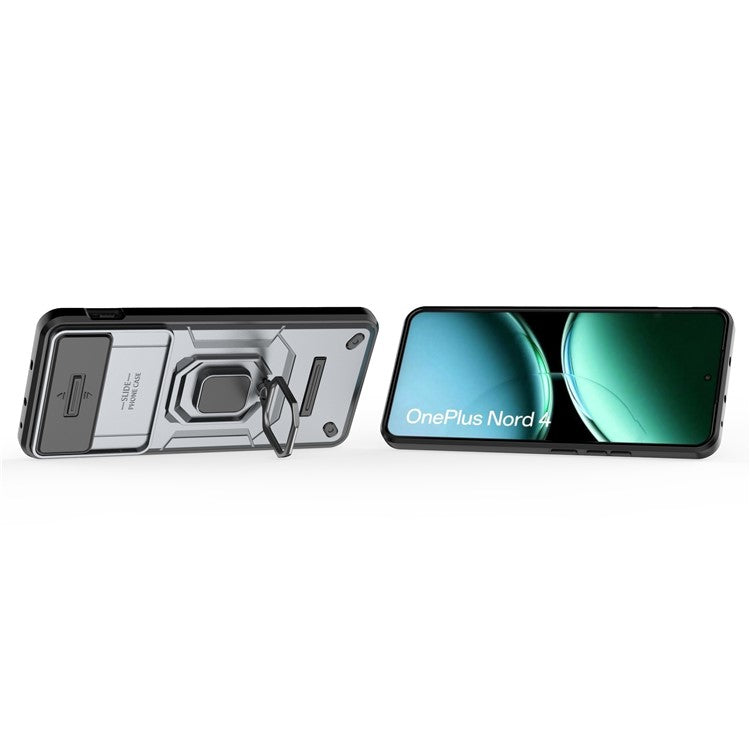 For OnePlus Nord 4 Case PC+TPU Kickstand Phone Protector with Lens Cover - Grey