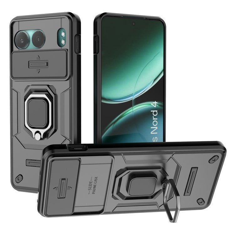 For OnePlus Nord 4 Case PC+TPU Kickstand Phone Protector with Lens Cover - Black