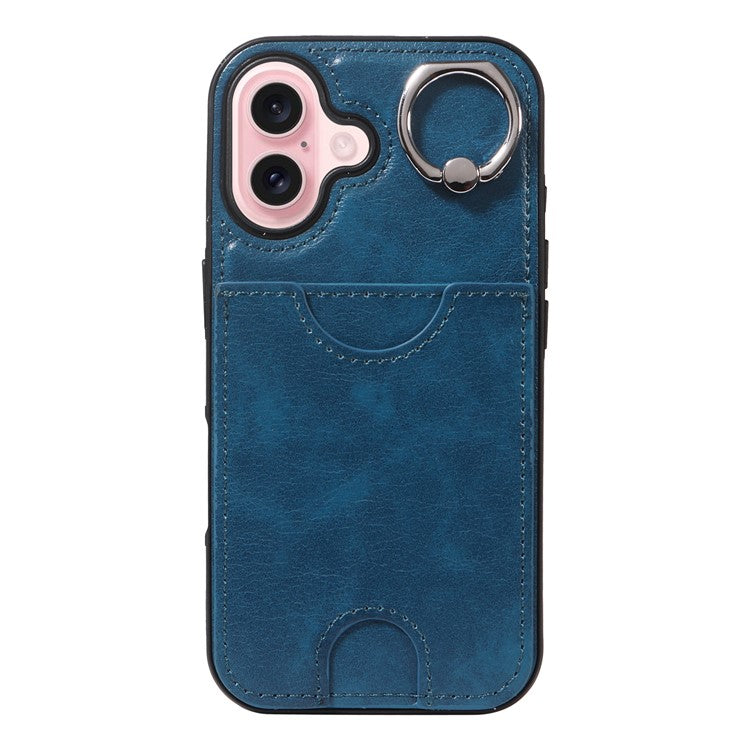 006 For iPhone 16 Case Anti-Drop Leather + TPU Phone Cover Card Slot Ring Kickstand - Blue