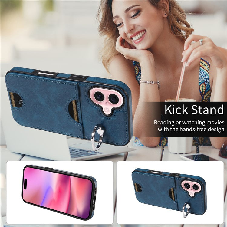 006 For iPhone 16 Case Anti-Drop Leather + TPU Phone Cover Card Slot Ring Kickstand - Blue